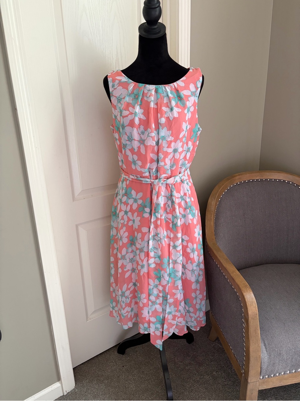 R&K Coral Floral Sleeveless Midi Dress with Waist Tie